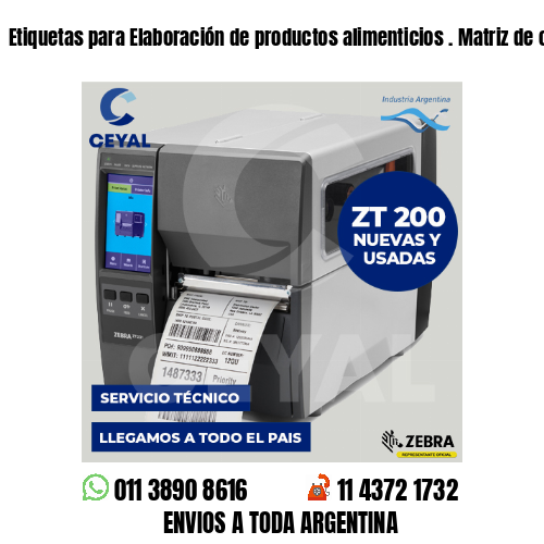 Etiquetas para Elaboración de productos alimenticios . Matriz de costos