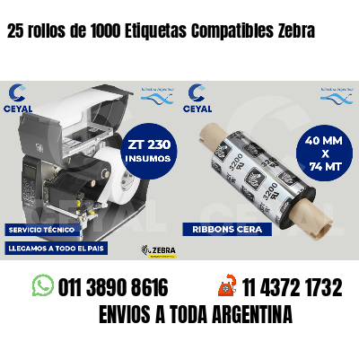 25 rollos de 1000 Etiquetas Compatibles Zebra 