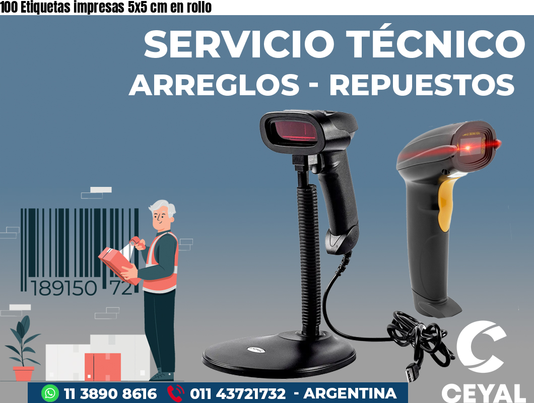 100 Etiquetas impresas 5x5 cm en rollo