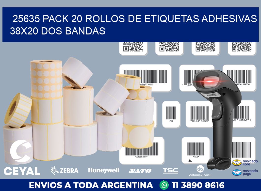 25635 PACK 20 ROLLOS DE ETIQUETAS ADHESIVAS 38X20 DOS BANDAS