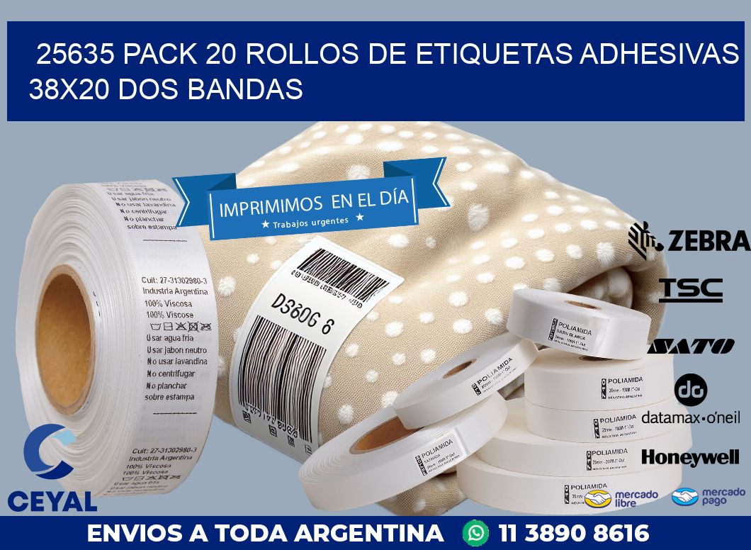 25635 PACK 20 ROLLOS DE ETIQUETAS ADHESIVAS 38X20 DOS BANDAS