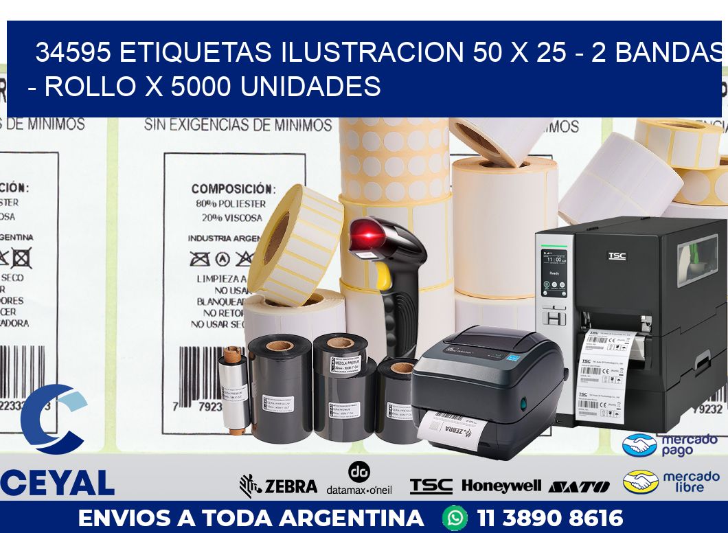 34595 ETIQUETAS ILUSTRACION 50 X 25 - 2 BANDAS - ROLLO X 5000 UNIDADES