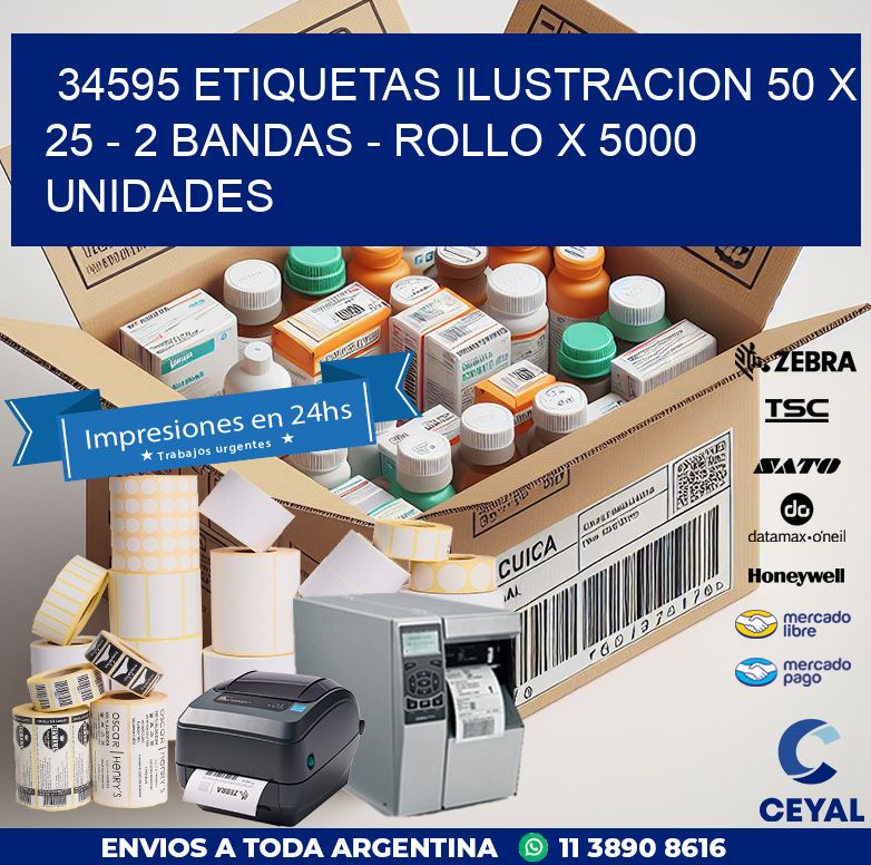 34595 ETIQUETAS ILUSTRACION 50 X 25 – 2 BANDAS – ROLLO X 5000 UNIDADES