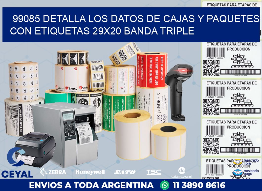 99085 DETALLA LOS DATOS DE CAJAS Y PAQUETES CON ETIQUETAS 29X20 BANDA TRIPLE