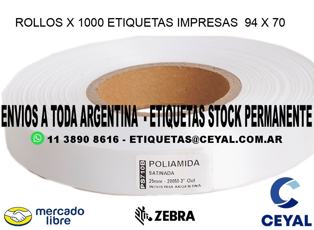 ROLLOS X 1000 ETIQUETAS IMPRESAS  94 x 70