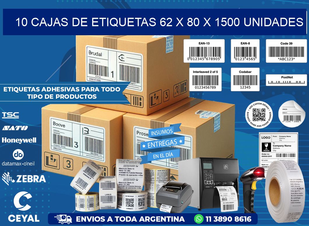 10 CAJAS DE ETIQUETAS 62 x 80 X 1500 UNIDADES