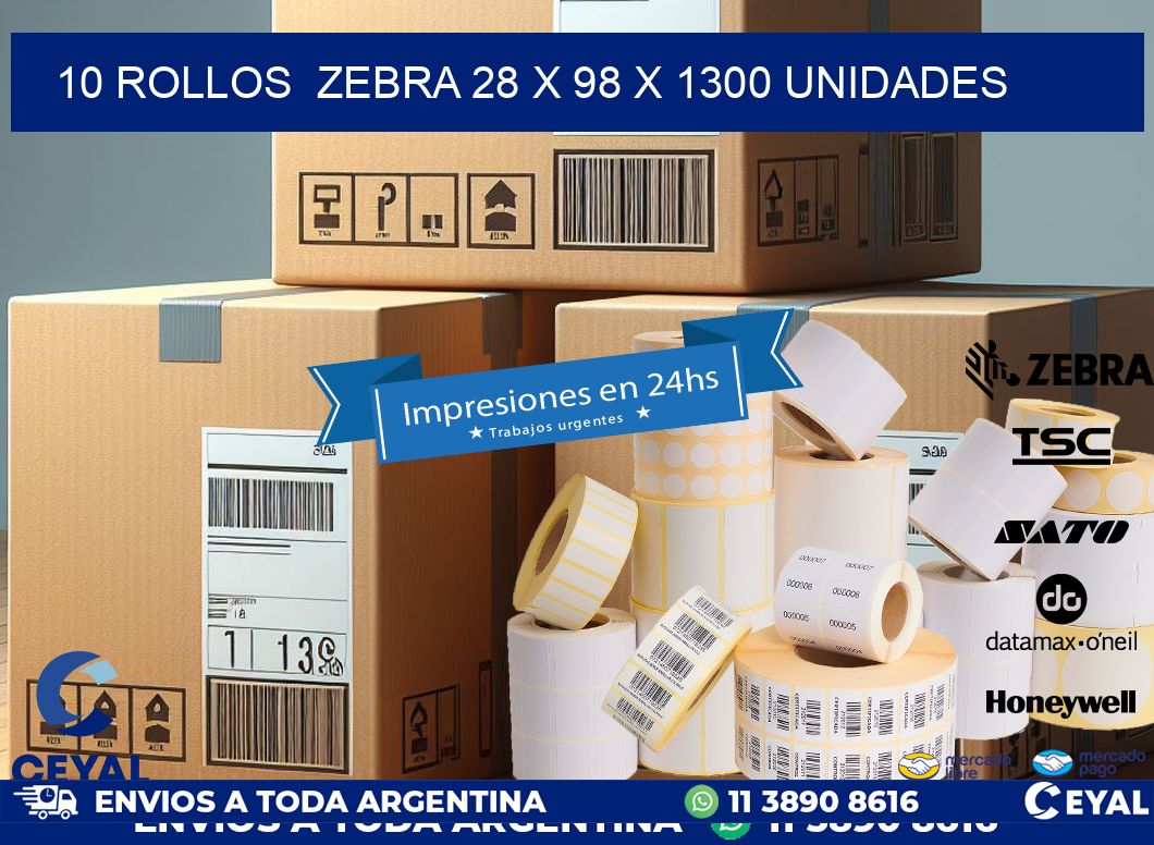 10 ROLLOS  ZEBRA 28 x 98 X 1300 UNIDADES