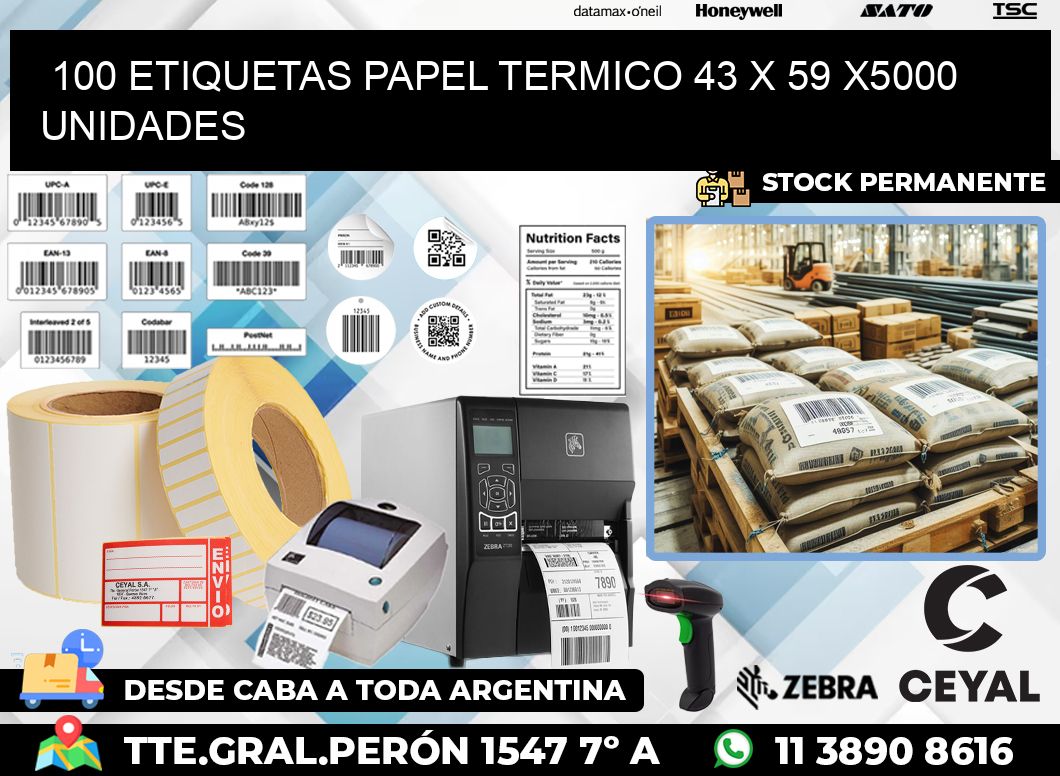 100 ETIQUETAS PAPEL TERMICO 43 x 59 X5000 UNIDADES