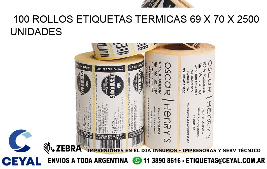 100 ROLLOS ETIQUETAS TERMICAS 69 x 70 X 2500 UNIDADES