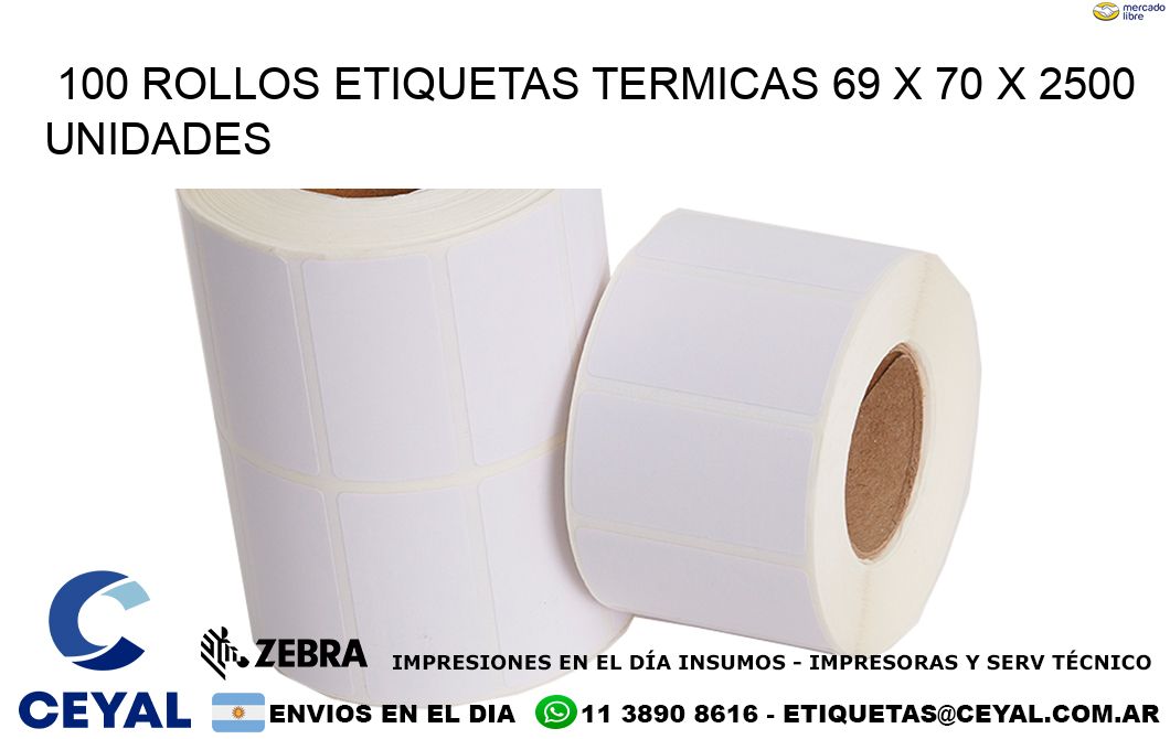 100 ROLLOS ETIQUETAS TERMICAS 69 x 70 X 2500 UNIDADES