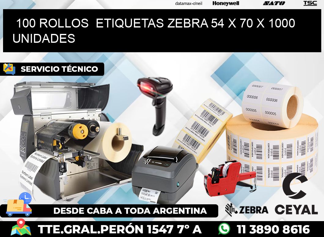 100 ROLLOS  ETIQUETAS ZEBRA 54 x 70 X 1000 UNIDADES