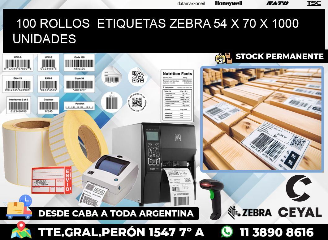 100 ROLLOS  ETIQUETAS ZEBRA 54 x 70 X 1000 UNIDADES