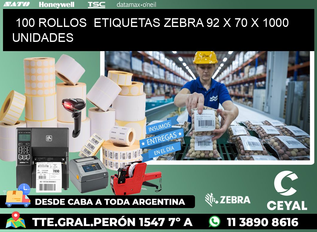 100 ROLLOS  ETIQUETAS ZEBRA 92 x 70 X 1000 UNIDADES