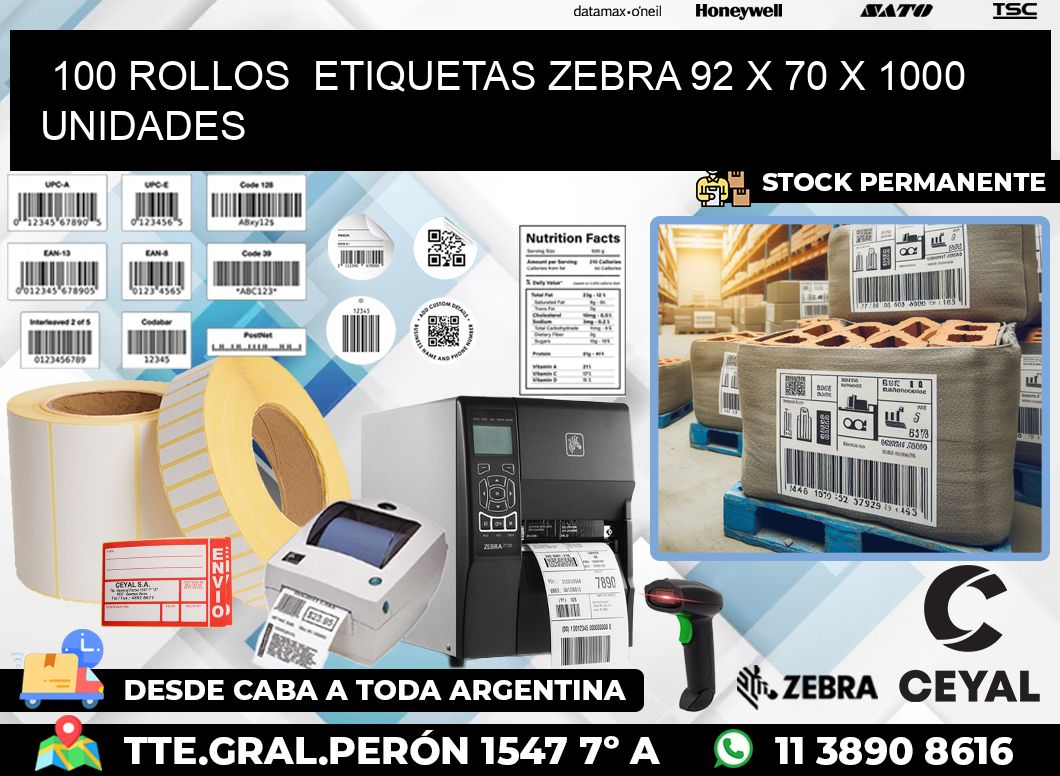 100 ROLLOS  ETIQUETAS ZEBRA 92 x 70 X 1000 UNIDADES