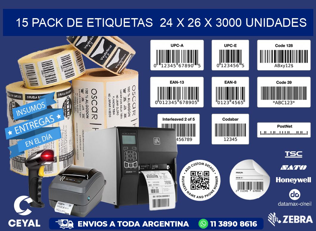 15 PACK DE ETIQUETAS  24 x 26 X 3000 UNIDADES