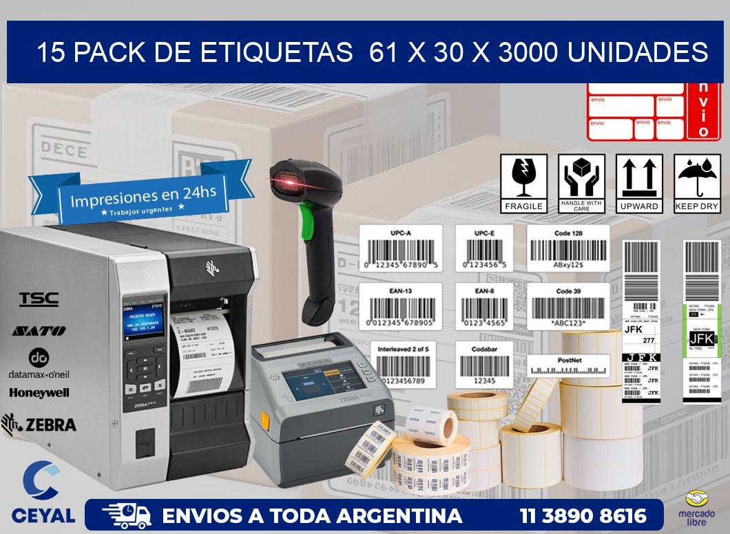 15 PACK DE ETIQUETAS  61 x 30 X 3000 UNIDADES