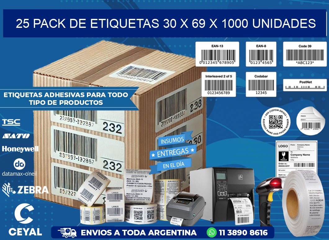 25 PACK DE ETIQUETAS 30 x 69 X 1000 UNIDADES