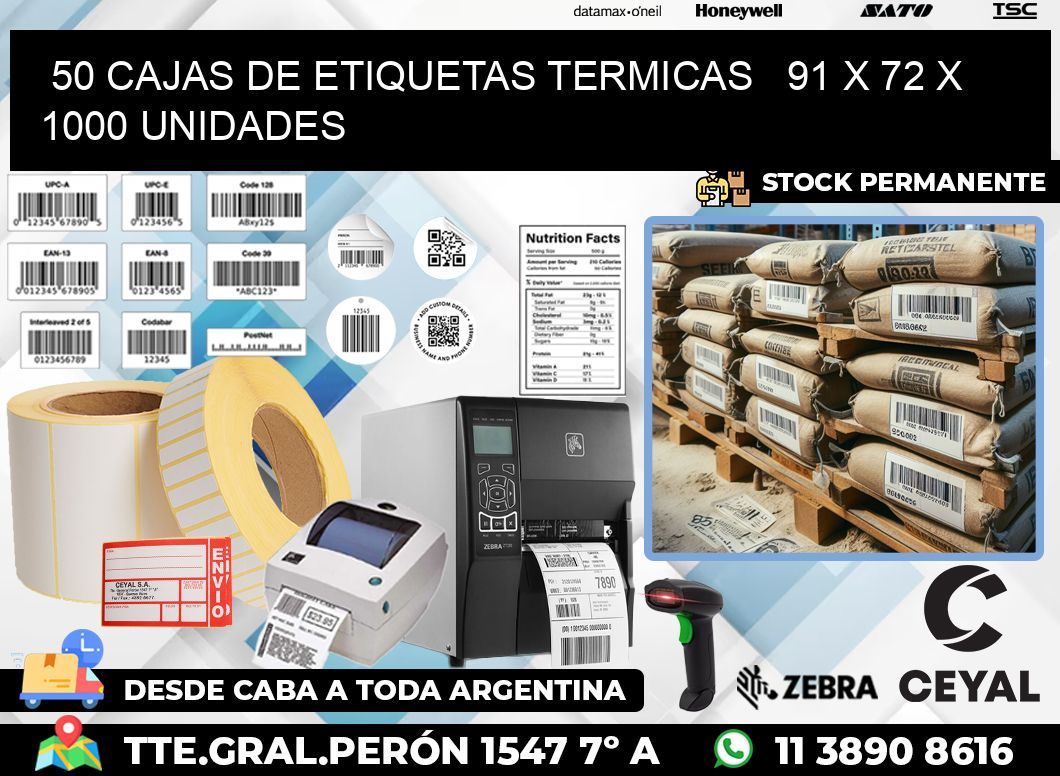 50 CAJAS DE ETIQUETAS TERMICAS   91 x 72 X 1000 UNIDADES