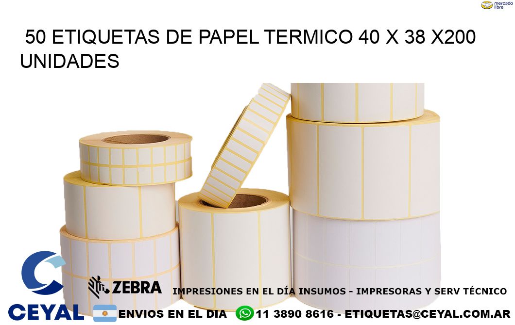 50 ETIQUETAS DE PAPEL TERMICO 40 x 38 x200 UNIDADES