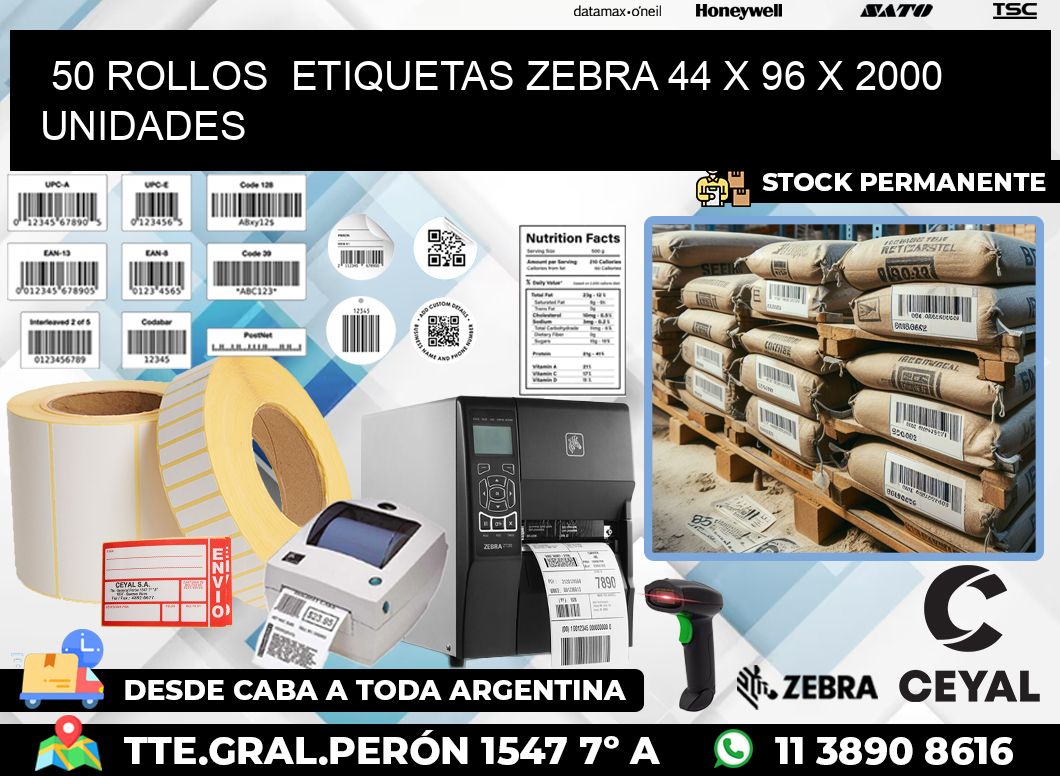 50 ROLLOS  ETIQUETAS ZEBRA 44 x 96 X 2000 UNIDADES