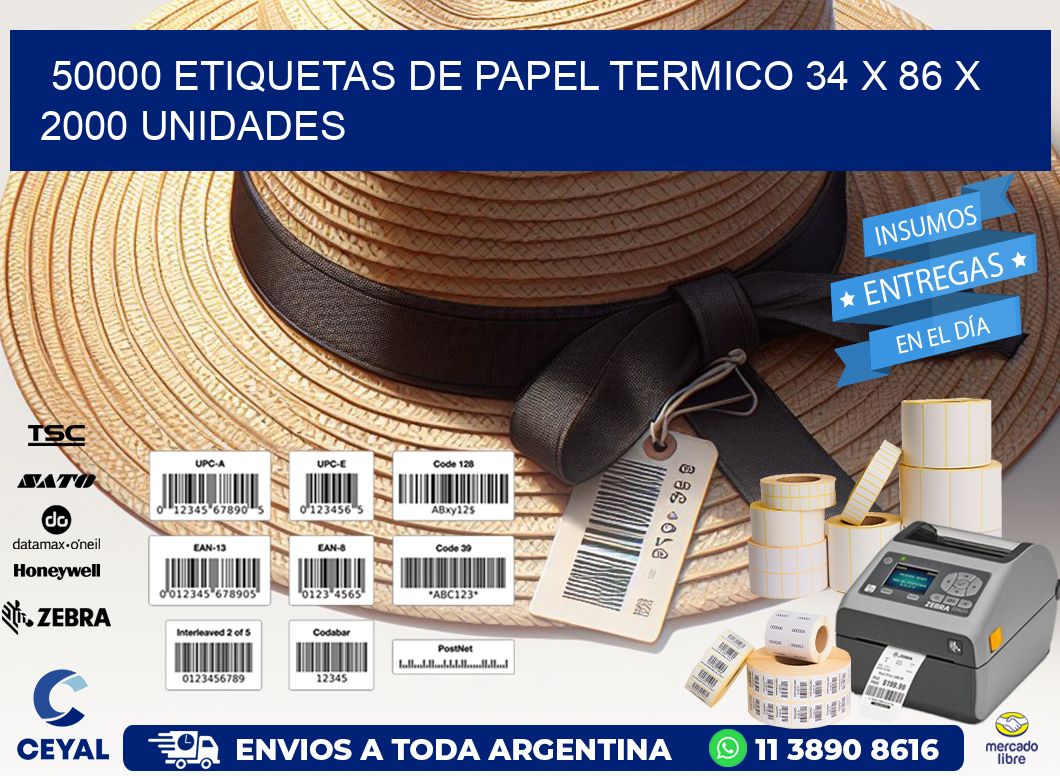 50000 ETIQUETAS DE PAPEL TERMICO 34 x 86 X 2000 UNIDADES