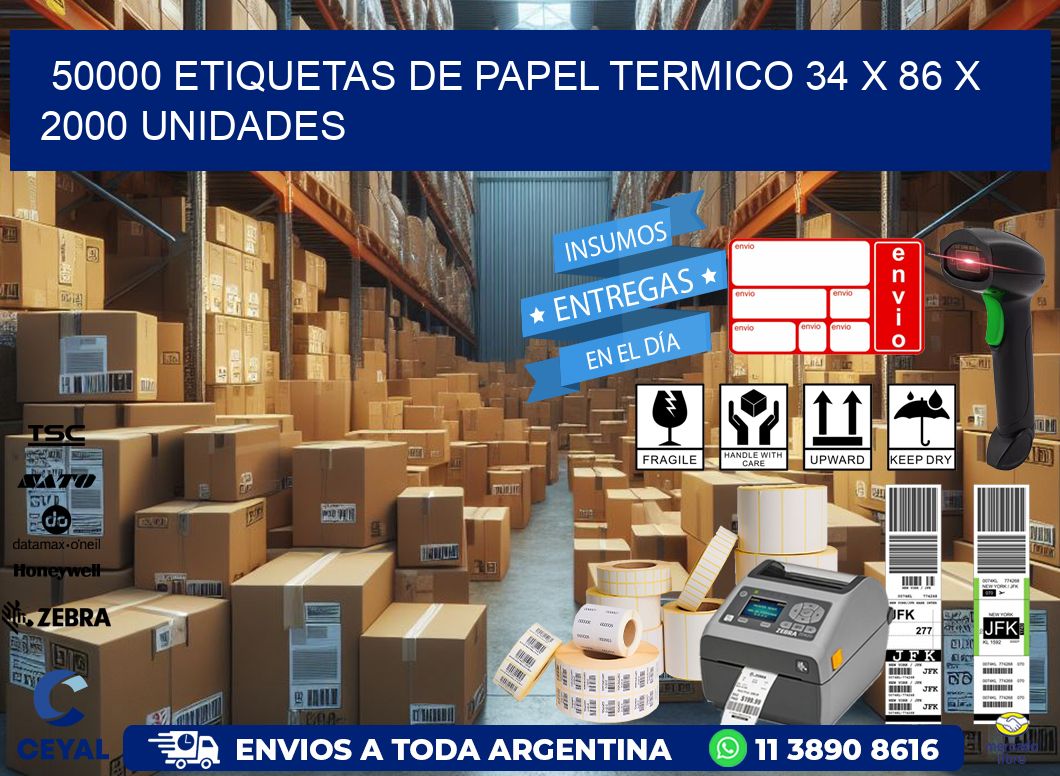 50000 ETIQUETAS DE PAPEL TERMICO 34 x 86 X 2000 UNIDADES