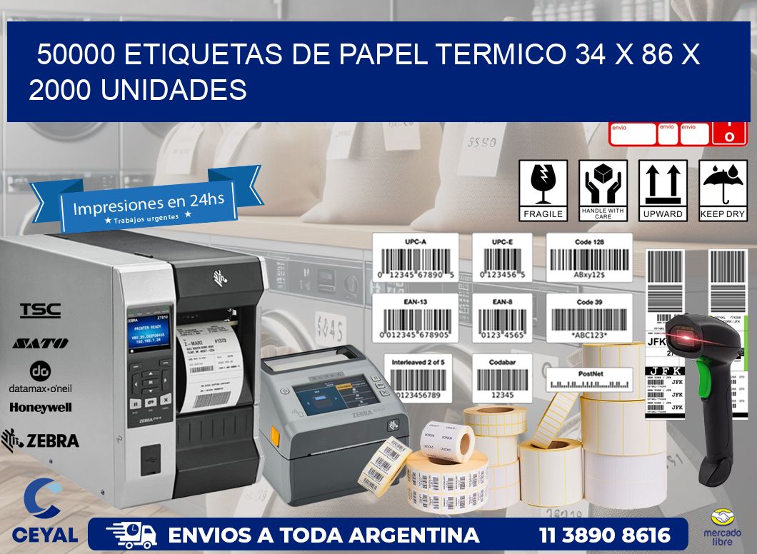 50000 ETIQUETAS DE PAPEL TERMICO 34 x 86 X 2000 UNIDADES