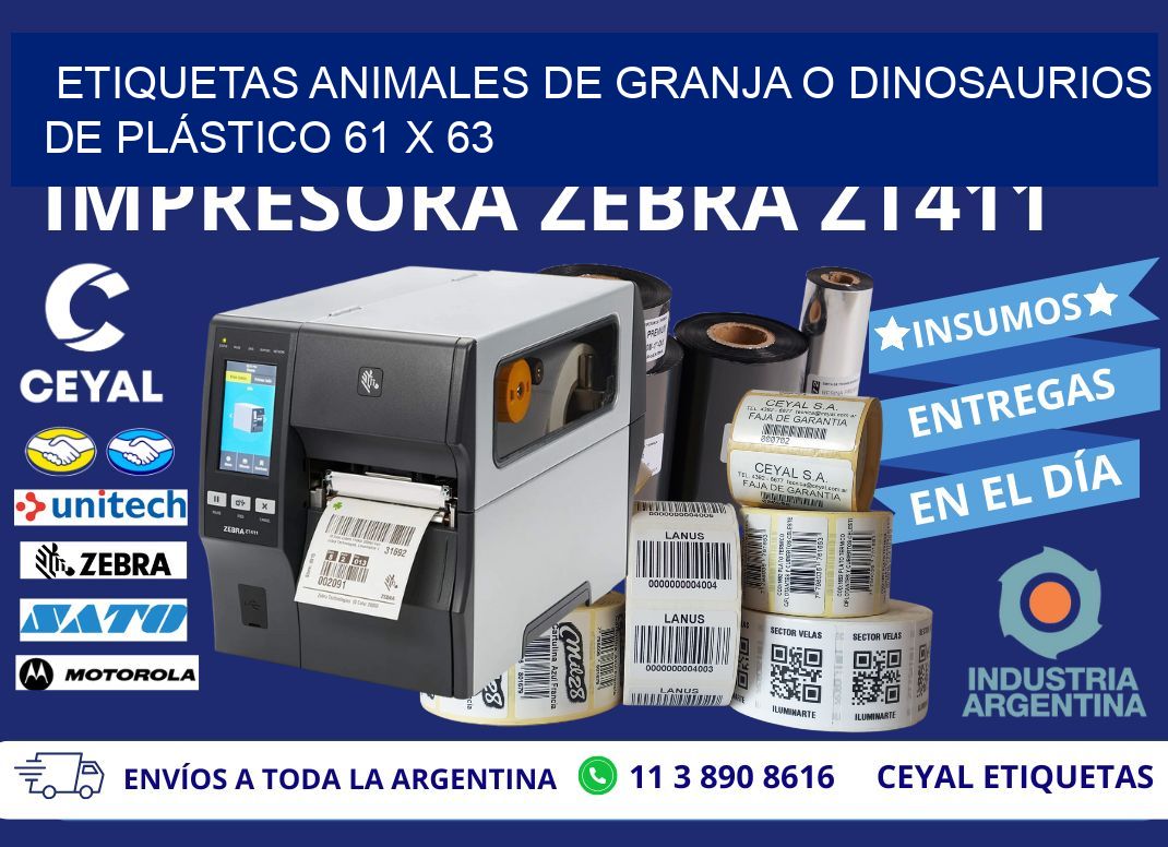 ETIQUETAS ANIMALES DE GRANJA O DINOSAURIOS DE PLÁSTICO 61 x 63