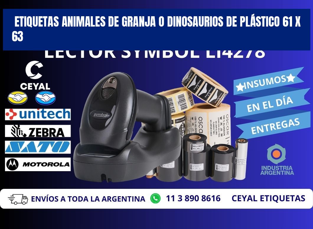 ETIQUETAS ANIMALES DE GRANJA O DINOSAURIOS DE PLÁSTICO 61 x 63