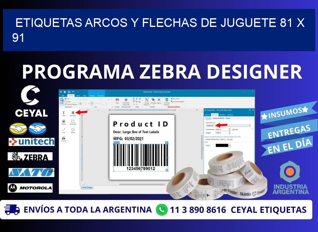 ETIQUETAS ARCOS Y FLECHAS DE JUGUETE 81 x 91