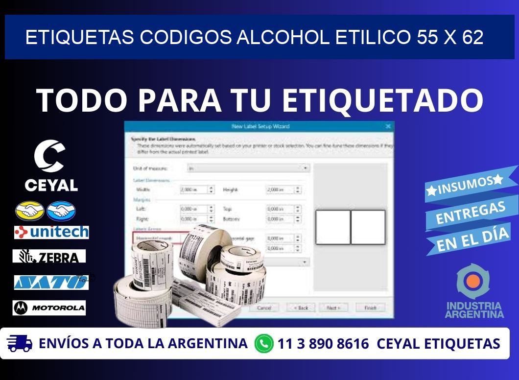 ETIQUETAS CODIGOS ALCOHOL ETILICO 55 x 62