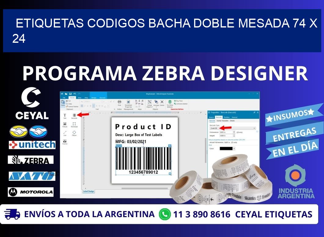 ETIQUETAS CODIGOS BACHA DOBLE MESADA 74 x 24