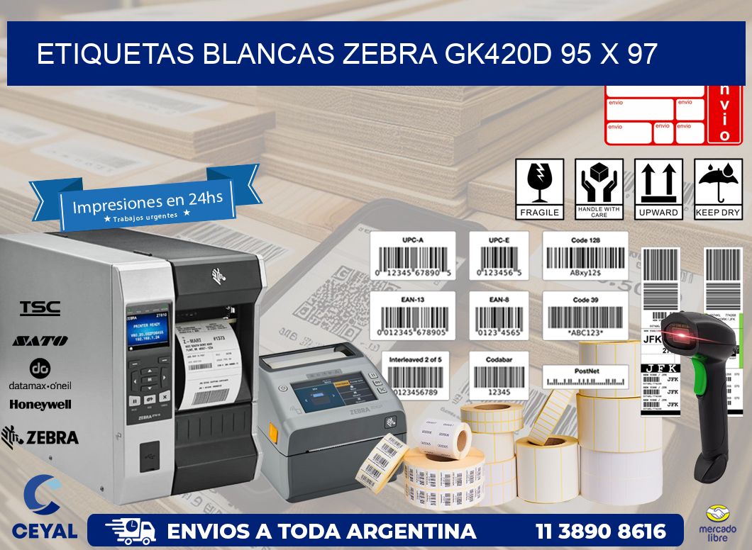 ETIQUETAS BLANCAS ZEBRA GK420D 95 x 97