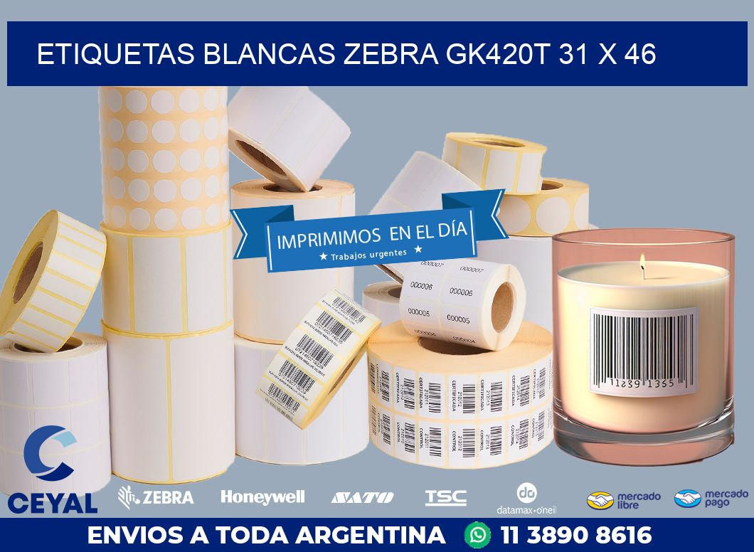 ETIQUETAS BLANCAS ZEBRA GK420T 31 x 46