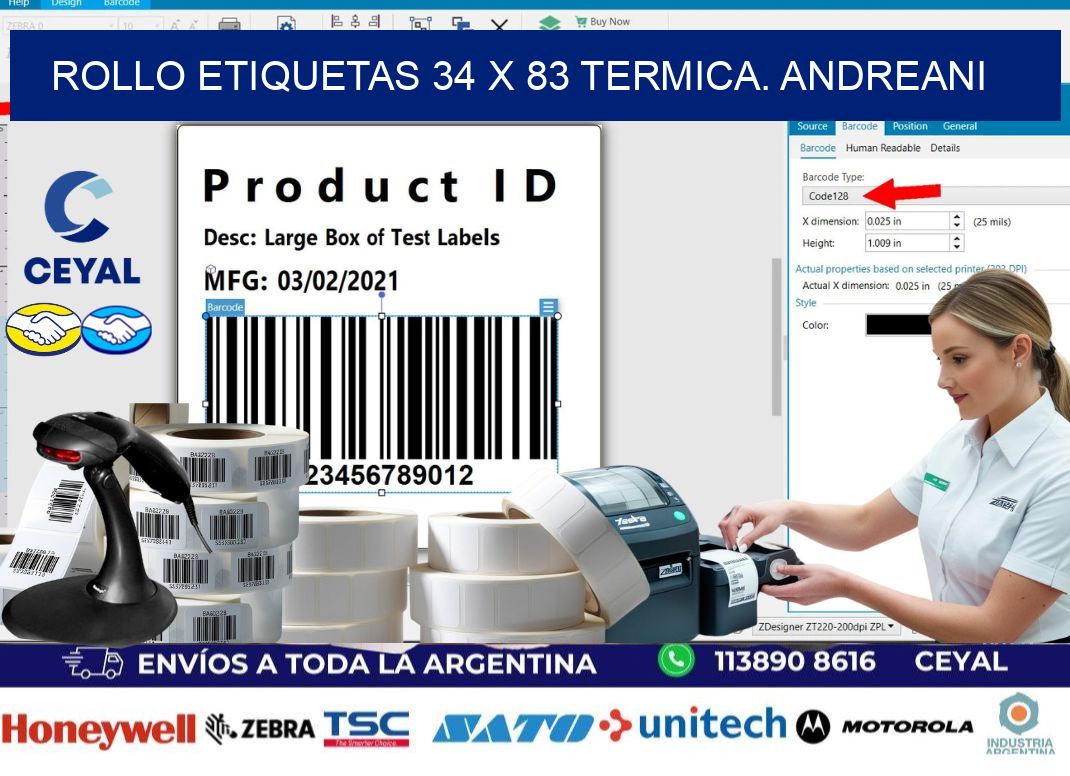 Rollo etiquetas 34 x 83 termica. Andreani