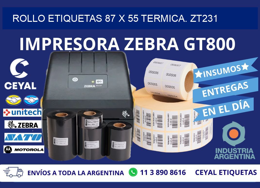 Rollo etiquetas 87 x 55 termica. zt231