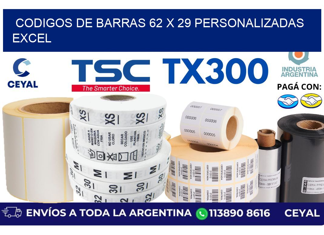codigos de barras 62 x 29 personalizadas excel