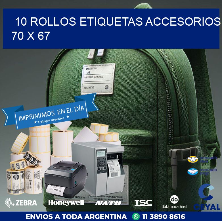 10 ROLLOS ETIQUETAS ACCESORIOS 70 x 67