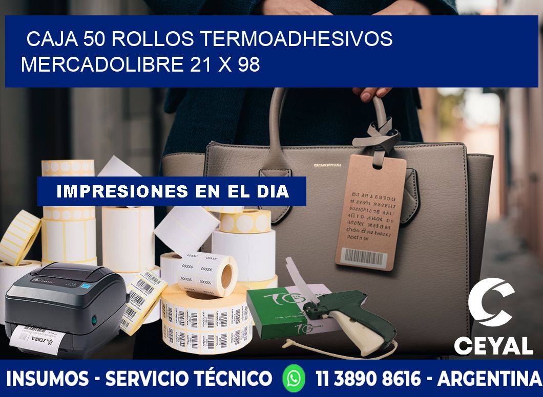 CAJA 50 ROLLOS TERMOADHESIVOS MERCADOLIBRE 21 x 98