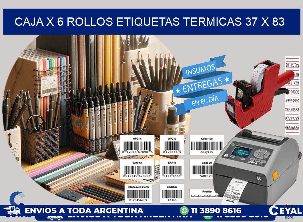 Caja X 6 Rollos Etiquetas termicas 37 x 83