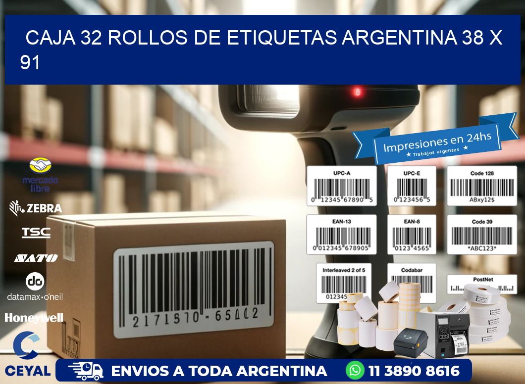 CAJA 32 ROLLOS DE ETIQUETAS ARGENTINA 38 x 91