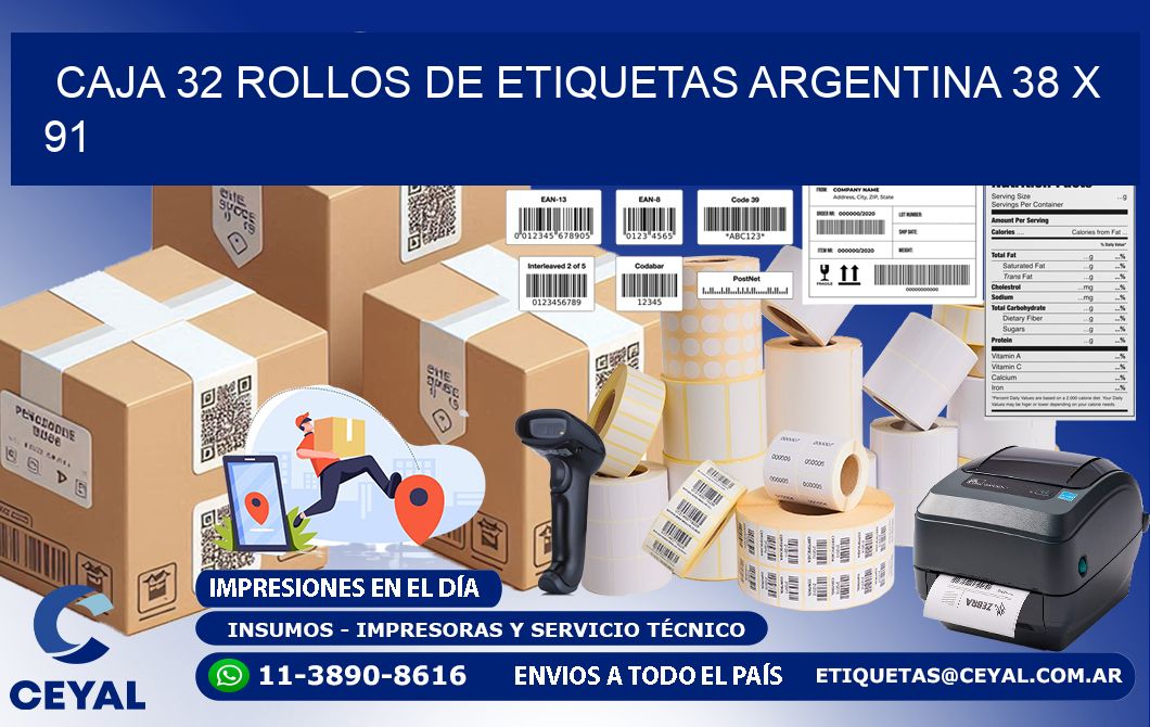 CAJA 32 ROLLOS DE ETIQUETAS ARGENTINA 38 x 91