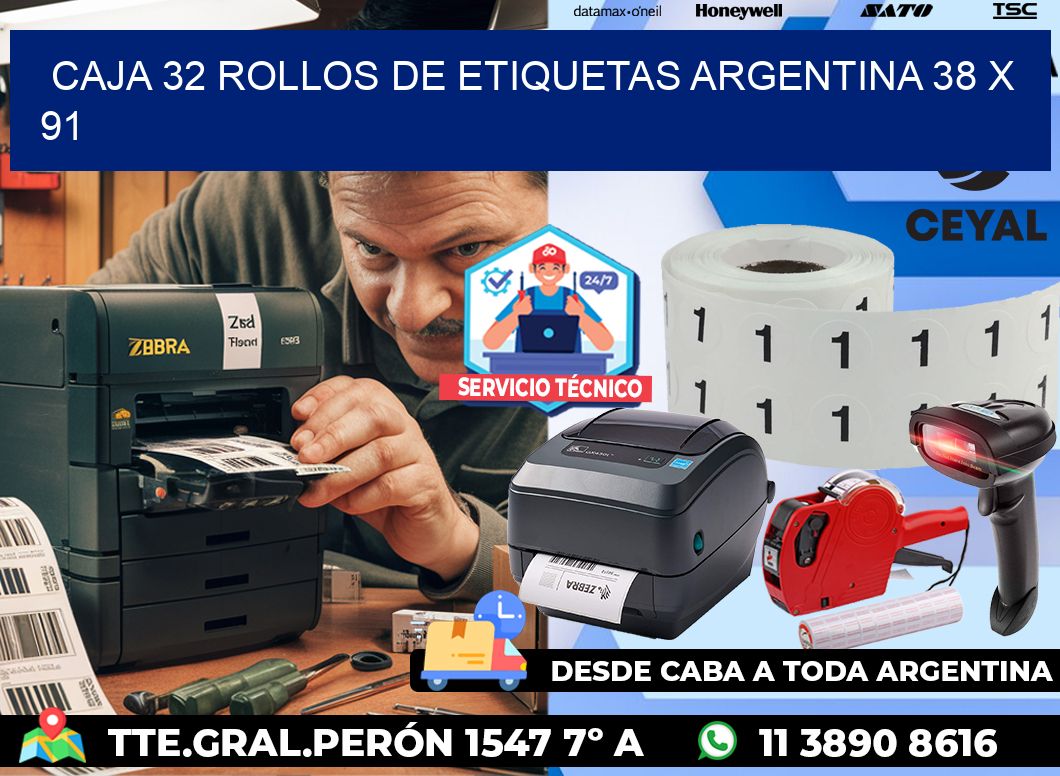 CAJA 32 ROLLOS DE ETIQUETAS ARGENTINA 38 x 91