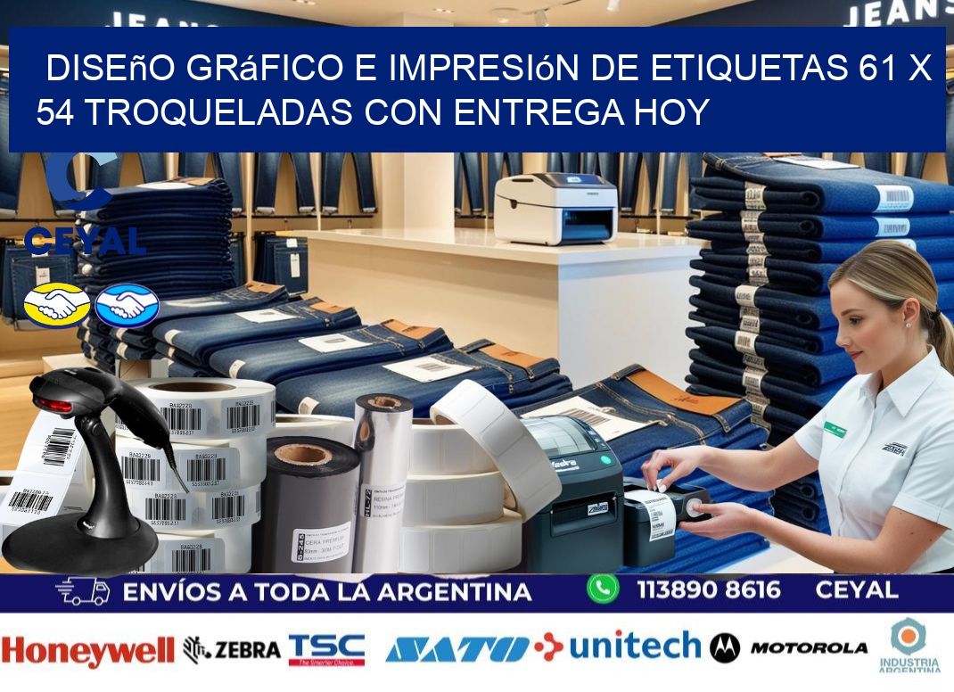 Diseño gráfico e impresión de etiquetas 61 x 54 troqueladas con entrega hoy