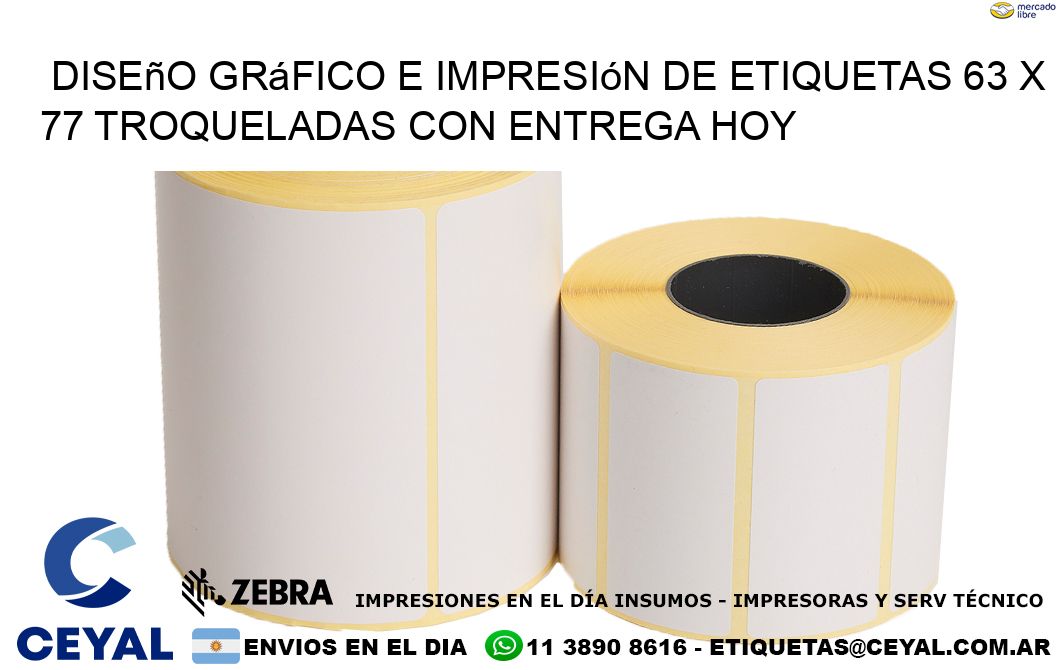 Diseño gráfico e impresión de etiquetas 63 x 77 troqueladas con entrega hoy