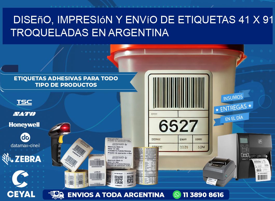 Diseño, impresión y envío de etiquetas 41 x 91 troqueladas en Argentina