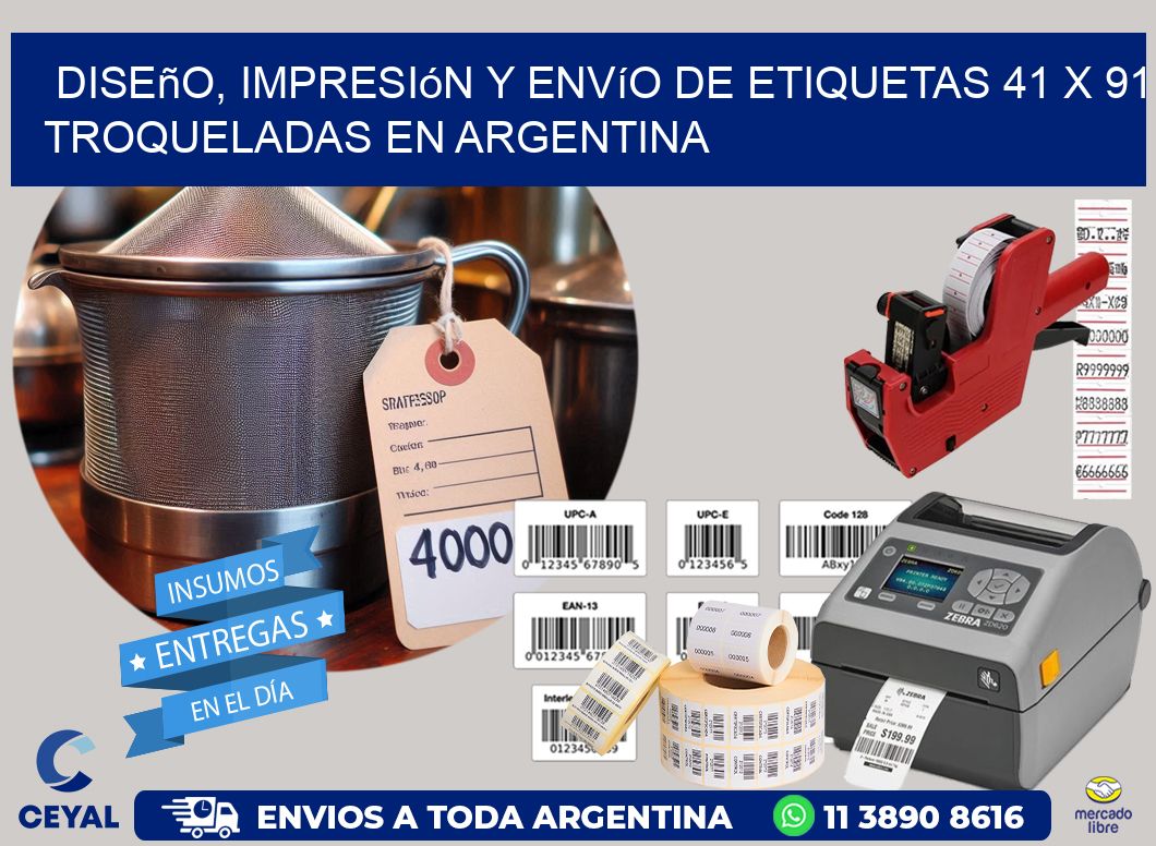 Diseño, impresión y envío de etiquetas 41 x 91 troqueladas en Argentina