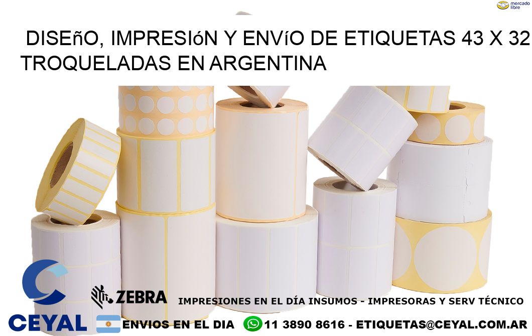 Diseño, impresión y envío de etiquetas 43 x 32 troqueladas en Argentina