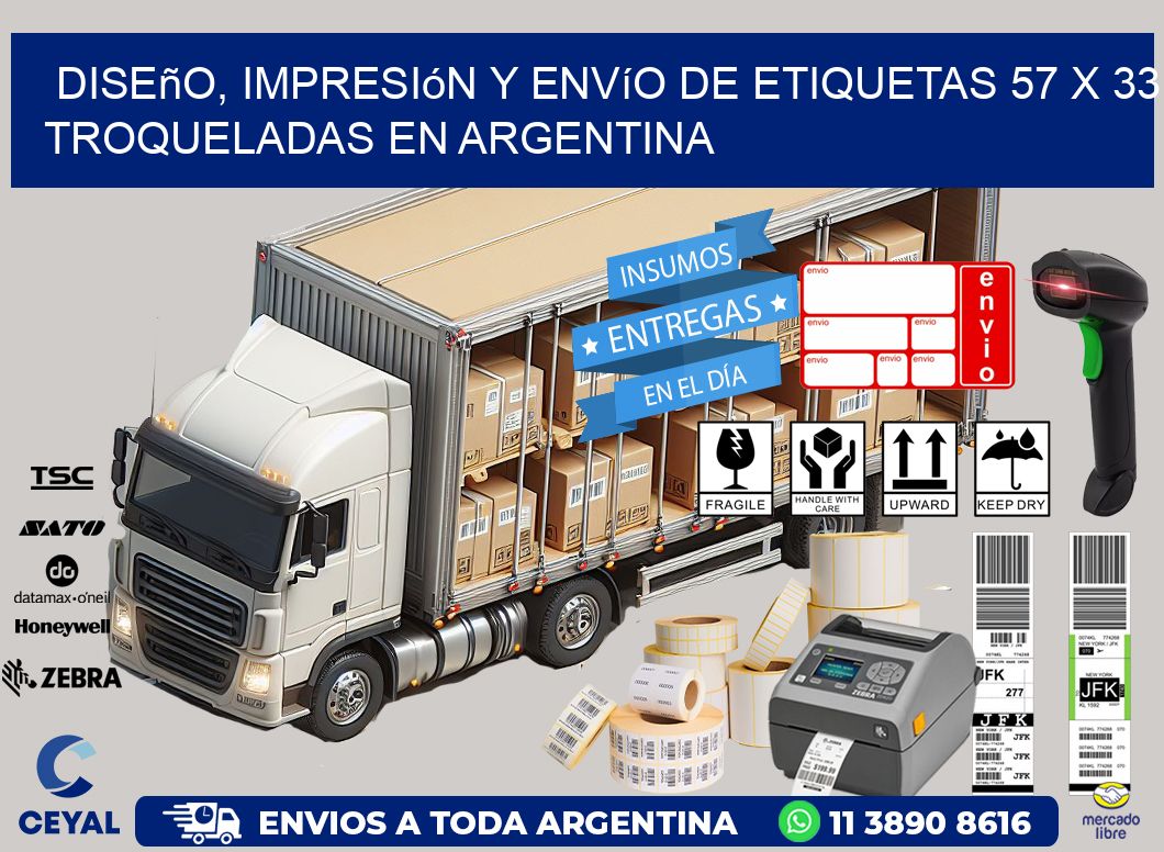 Diseño, impresión y envío de etiquetas 57 x 33 troqueladas en Argentina