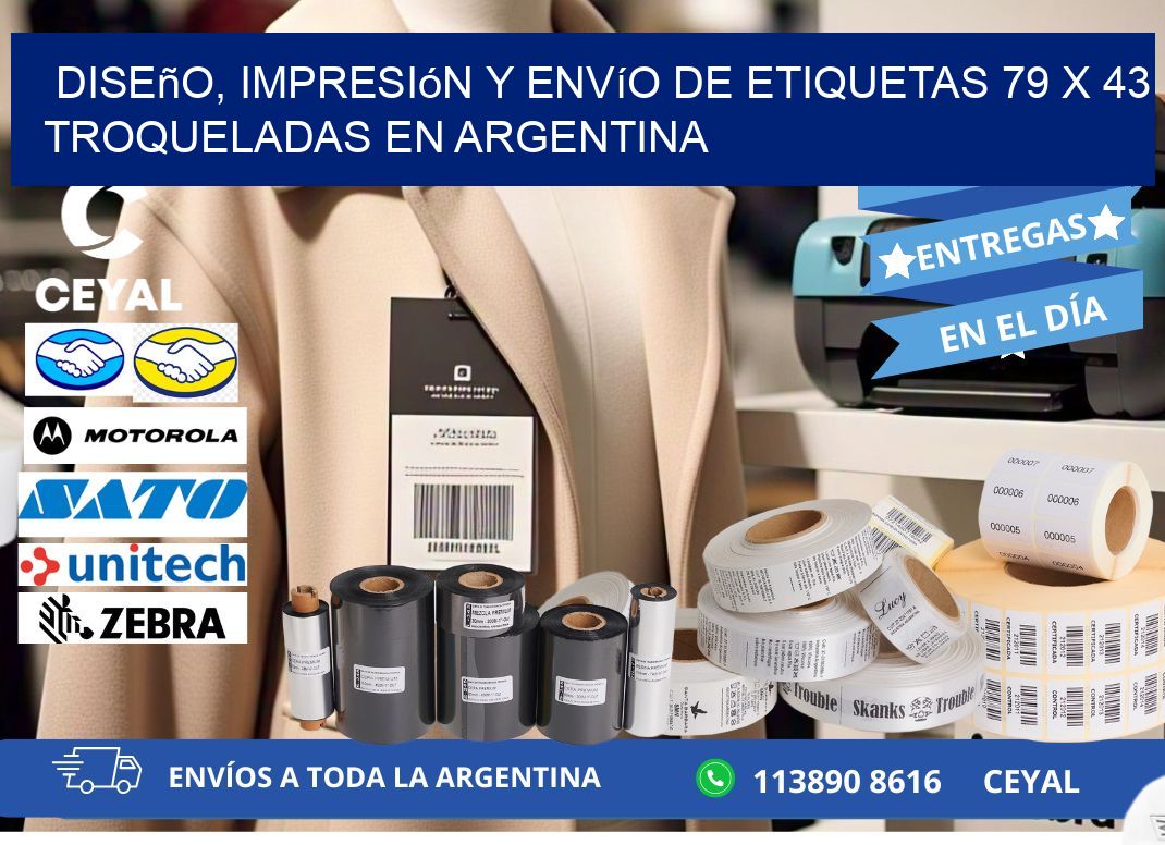 Diseño, impresión y envío de etiquetas 79 x 43 troqueladas en Argentina